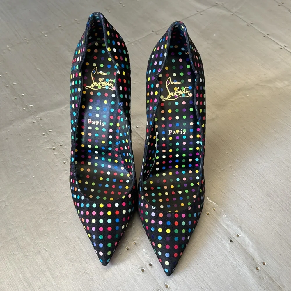 Christian Louboutin hot chick 100mm black suede stiletto boum polka dot pump 39